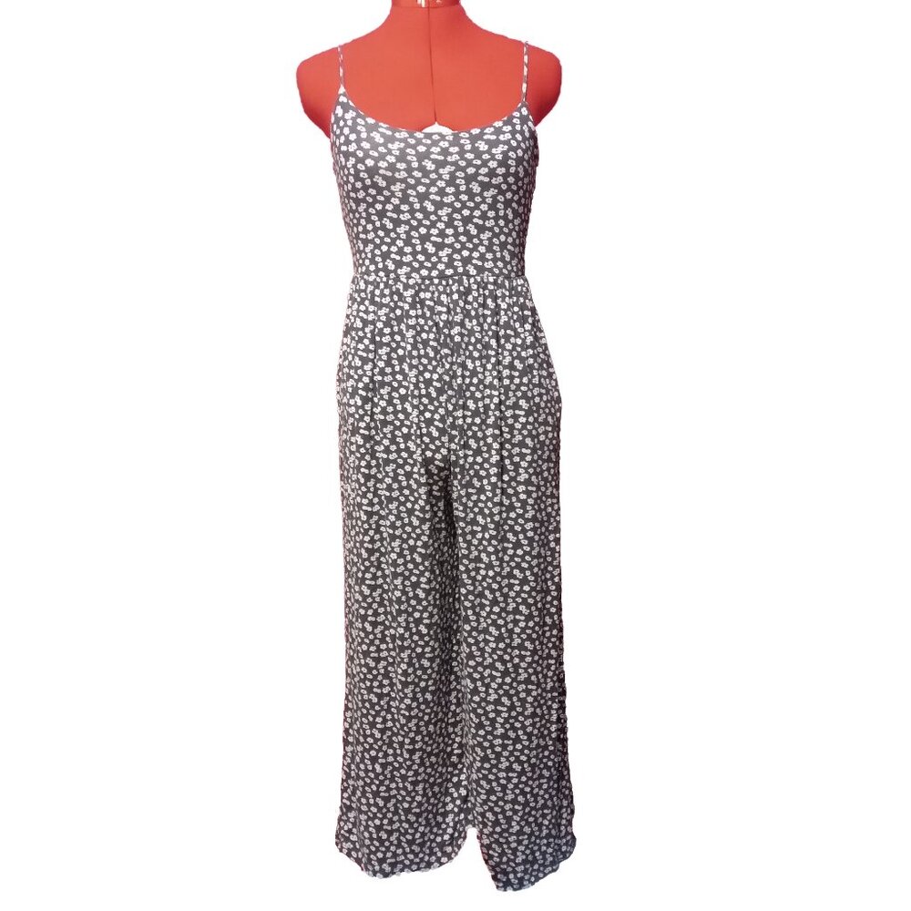 J.o&CO Dark Gray White Floral Print Stretchy Wide Leg Romper US S